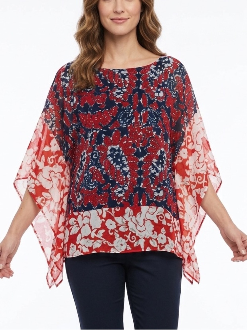 MICHAEL KORS Floral Sheer Chiffon Blouse Kaftan Top Flowy Kimono Sleeves Sz S/M